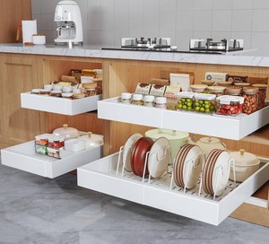 $130 Seinloes 4Pack Expandable Pull Out Cabinet Organizer 21Deep with Raising Pad for Framed Cabinets,Slide Out Drawers with 4pcs Divider Racks,Roll Out Shelves Adhesive,Adjustable Width 12.05-20.4White