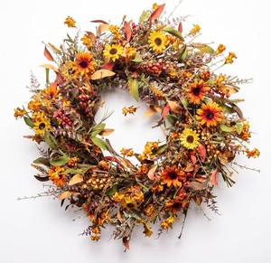 JINGHONG 16 Inch Fall Wreaths for Front Door, Artificial Autumn Wreath with Sunflowers, Berries and Leaves, Thanksgiving Harvest Wreath for Porch Window Farmhouse Home Decor
