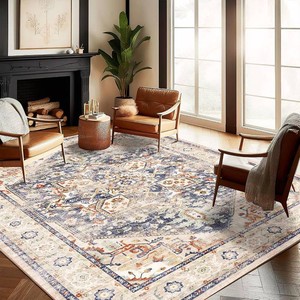 CHAMPLANT Washable Area Rug 8x10 Blue Khaki Retro Boho Design Non-Shedding Non-Slip Easy Care Ideal for High Traffic Areas in Living Room Bedroom Office Coffee Table Kitchen Large Carpet
