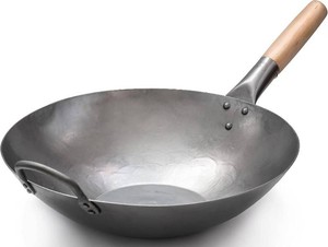 Craft Wok Flat Hand Hammered Carbon Steel Pow Wok with Wooden and Steel Helper Handle (14 Inch, Flat Bottom)  731W316