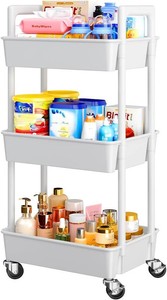 Pipishell 3 Tier Rolling Cart with Handle & Wheels for Storage, White