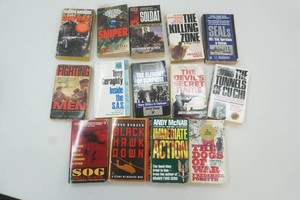 group of paperback books focused on military history, special operations, war memoirs