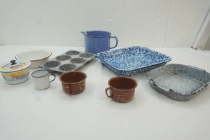 group of vintage enamelware including baking dishes, bakeware, pitcher, cups