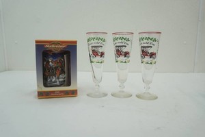 Budweiser Holiday Stein, 3 Pilsner glasses featuring vintage Buick Automobiles
