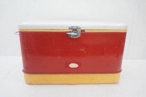vintage  red and white metal ice chestcooler by Thermos