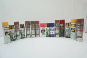 large assortment of Rust-Oleum paint and primer - all appear to be unopened or used