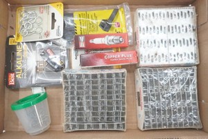 variety of hardware including connector plates, screw eyes, batteries, spark plugs