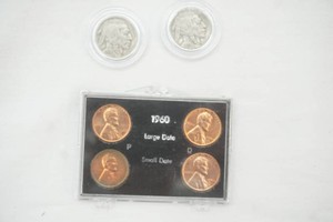 4 large date 1960 pennys, 2 Buffalo Head Nickles 1930 S Mint, 1929 no mint mark
