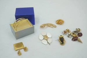 several pins, Rembrandt Bangle bracelets in blue box, clip earrings