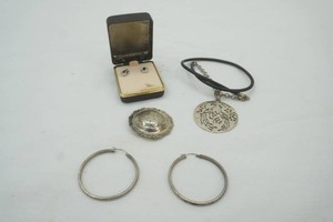 925 sterling pierced earrings, 925 pendant necklace, 925 pierced earrings, pin with Mexican overlay
