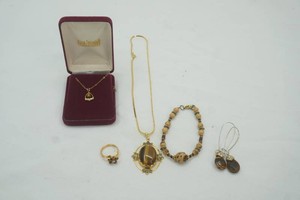 120 12k tiger eye stone necklace, agate bracelet, tiger eye stone necklace 18k GE tiger eye ring, pierced earrings