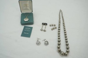 Leno Kirk Stieff Pewter necklace in original box, silver beaded necklace, pierced earrings