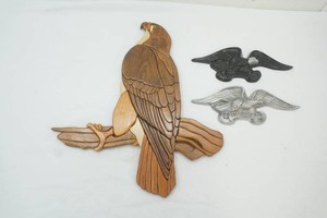 2 vintage cast aluminum American Eagle plaque or wall emblem 12 wing span, handcrafted wooden intarsia wall art sculpture of an American eagle 12 tall