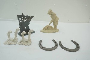 metal art laser cut Minnesota silhouette, cast iron golf figure, horse shoes, vintage coat hangers