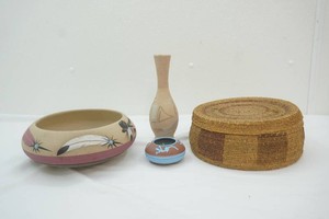 southwestern design pottery and hand woven bowl with lid