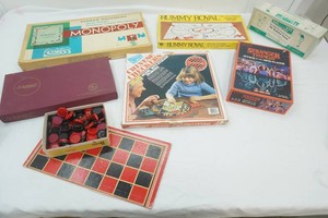 variety of vintage board games including Rummy Royal, Scrabble, Chinese checkers, Monopoly and more