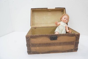antique miniature wooden doll chest with doll