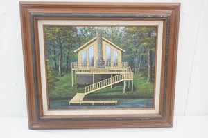 framed oil on canvas by armature painter Hutson 08 of an A-Frame lakeshore cabin 25 x 21