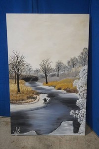 oil on wood winter river scene on the back side another oil painting of a waterfall 25 x 39