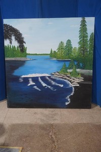 oil on wood winter river scene on the back side another oil painting of a waterfall 25 x 39