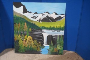 oil on wood mountain scene with river scene on back side 38 x 38