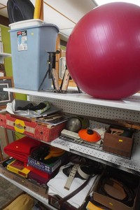 large lot of decor, wall art, clothing accessories, exercise ball