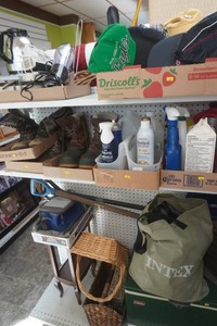 large lot of cleaners, cooler, tools, boots, kitchenware, decor