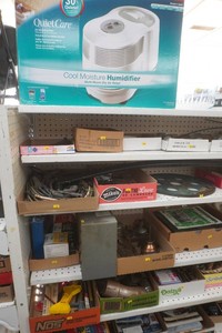 large lot of vintage auto parts, magazines, humidifier, silverplate dishes, kitchenware