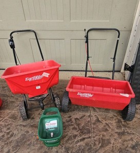 2 walk behind Lawn Fertilizer Spreaders and hand grass seeder