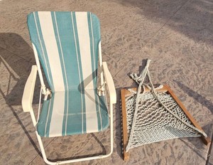 Hanging Chair- Hammock style with a wood frame with a woven rope seat, also, a foldable chair