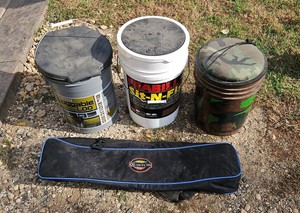 Ice Fishing Lot luggable loo, sit-n-fish, cushioned camouflage bucket seat, rod carry case