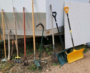 Snow shovel,  garden tool lot