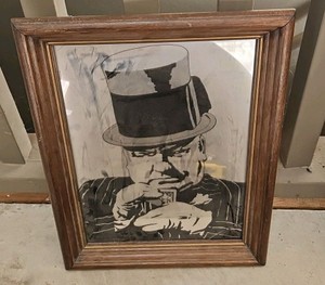 1970s Framed Mirror, Vintage Black and White W.C Fields playing poker