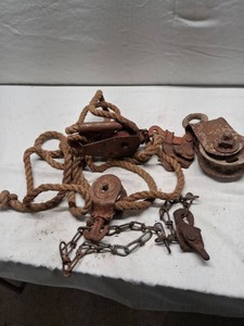 Vintage Pulley Block with Rope and Chain Set