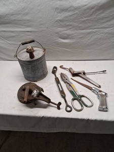 Assorted Hand Tools Including Tin Snips, Turnbuckle, and Oil Can