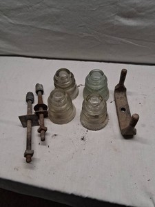 Lot of Vintage Glass Insulators and Insulator Brackets