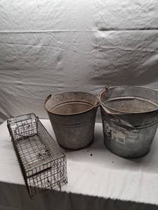 Vintage Metal Buckets and Small Animal Cage Trap