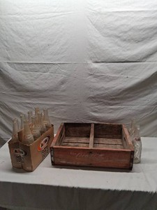 Lot of Vintage Soda Bottles Including A&W Root Beer and Pepsi-Cola with Coca-Cola Wooden Crate