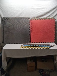 Interlocking Foam Floor Mats Set including Large Black and Red Squares, Yellow, Blue, Brown Edge Pieces