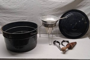 Yo-Ho and Wear-Ever Canning Equipment Set with Metal Funnel, Cone Strainer, Wooden Pestle, Canning Rack, and Accessories