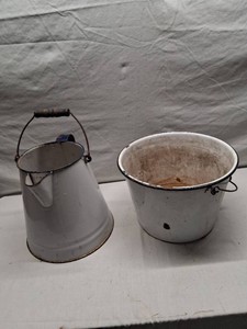Enamelware Buckets and Coffee Pot