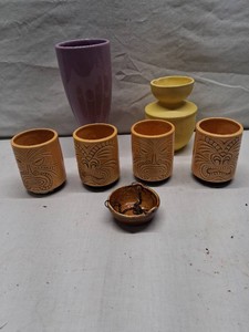 Assorted Ceramic Mugs and Hanging Planter with Tiki Design
