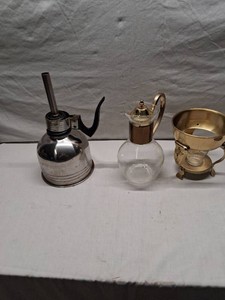 Vintage Coffee Serving Set Including Glass Carafe with Brass Accents, Metal Pouring Kettle, and Brass Stand