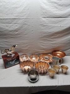 Copper and Silver Plate Kitchenware Set including Gravy Boat, Copper Molds, and Cups
