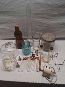 Laboratory Glassware, Mrs. Butterworth Syrup Bottle, Blue Ball Ideal Canning Jar, Vintage Clothes Line and More
