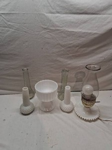 Vintage Milk Glass Hobnail Lamp and Vase Including Electric Table Lamp, Vases, and Goblet Bowl