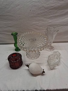 Cake Stand, Green Vase, and Red Glass Holder