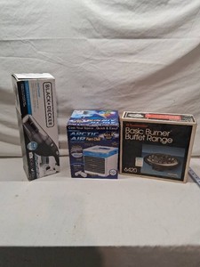 BlackDecker Cordless Hand Vacuum, Arctic Air Pure Chill Evaporative Air Cooler, and Toastmaster Basic Burner Buffet Range