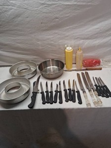 Collection of Assorted Kitchen Knives and Bakeware Items
