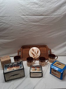 Country Collection Ceramic Kitchenware Set including mugs, creamer, salt and pepper set, jam and jelly jar with handle, and serving tray